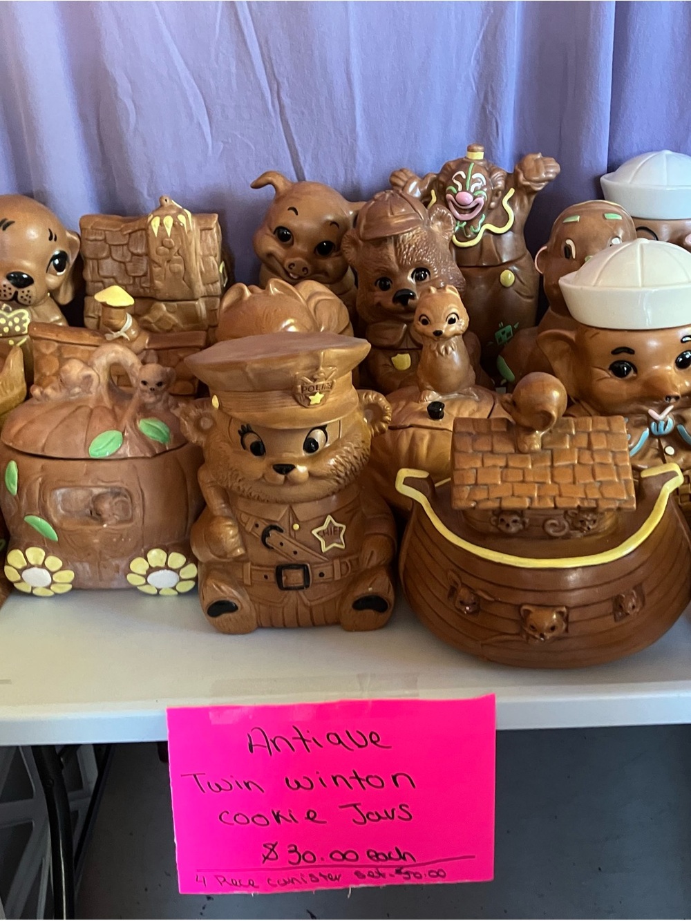 Antique Twin Winton Brown Ceramic Cookie Jar - Bear & Novelty Set